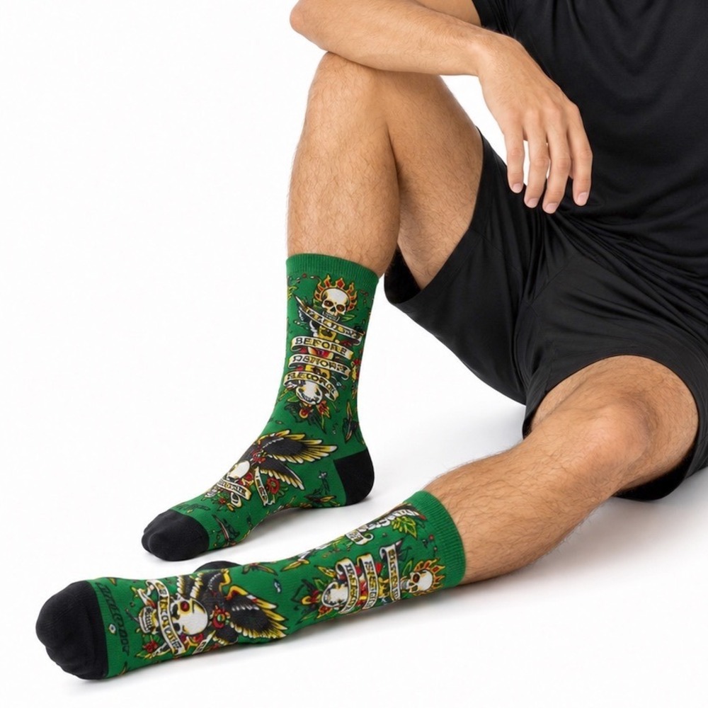 Ed Hardy Green Tattoo Print Cushioned Crew Socks 2 Pk‎ Grunge Biker Goth 107-04